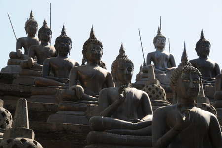 Set of Buddha statues and small stupas in Gangaramaya temple, Colombo Gangaramaya is an important...