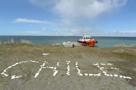 The Strait of Magellan between Tierra del Fuego and the mainland.のeditorial素材