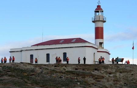 The lighthouse on the island of Magdalena.Magellanic Penguins at the penguin sanctuary on Magdalena Island in the Strait of Magellan near Punta Arenas.のeditorial素材