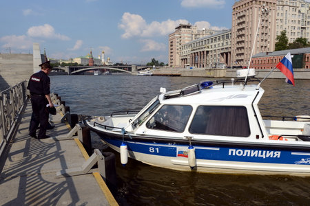 Water police patrol boat on the Moscow River.のeditorial素材
