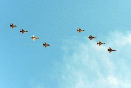 Multipurpose tactical fighters MiG-29 during a military parade to commemorate the 70th anniversary...