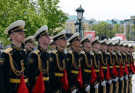The guard of honor during a ceremony of laying flowers at the tomb of the Unknown soldier in the Alexander gardenのeditorial素材