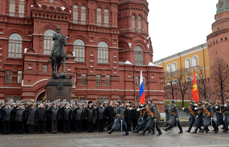 Solemn March of the honor guard after laying flowers to the monument to Marshal Georgy Zhukov in...