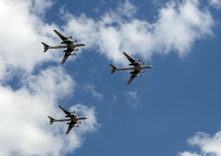 The group of Soviet strategic bomber Tupolev Tu-95 Bear flies over Red Square.