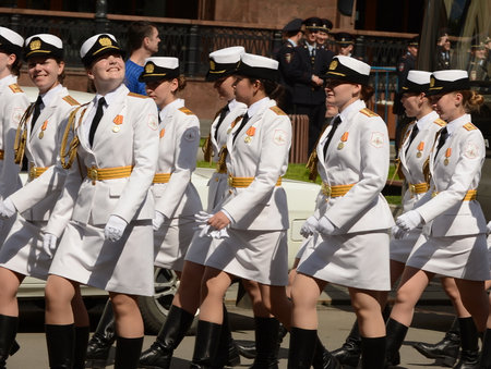 Girls-cadets of the Military University and Volsky military Institute at the rehearsal of the Victory parade.のeditorial素材