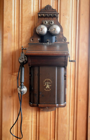 Old phone in the hotel Hosteria Las Lengas in Tierra del Fuego.のeditorial素材