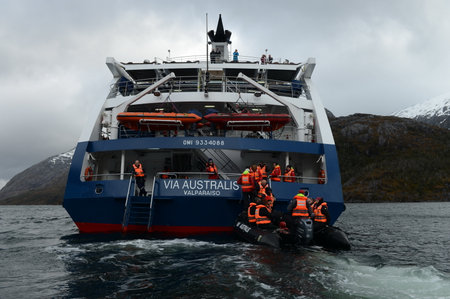 The landing of tourists from the cruise ship "Via Australis" Nena Glacier.のeditorial素材