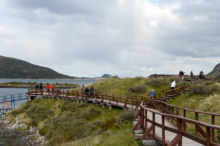 Tourists in the Bay Lapataia in the national Park of Tierra del Fuego.のeditorial素材
