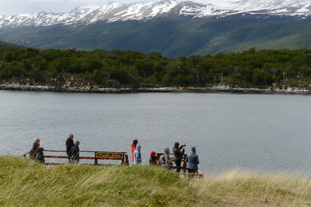 Tourists in the Bay Lapataia in the national Park of Tierra del Fuego.のeditorial素材