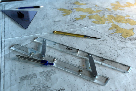 The navigational map in the cockpit of a passenger vessel.のeditorial素材