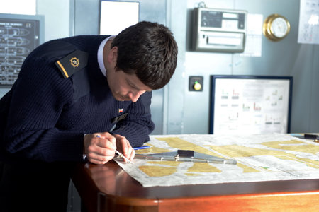 The navigator of the ship "Via Australis" paves the sea route map in the archipelago of Tierra del Fuego.のeditorial素材