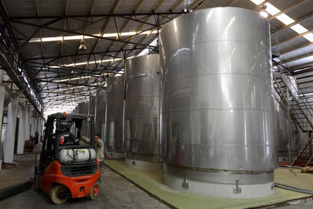 Fermentation in stainless steel vats for wine at the winery Santa Rita.のeditorial素材
