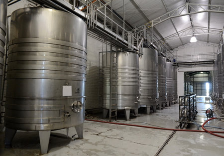 Fermentation tanks stainless steel for wine at the winery Viu Manent.のeditorial素材