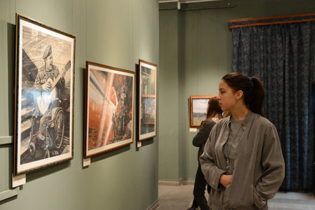 Viewers at the exhibition in Moscow state school of watercolour of Sergei Andriyaka in Gorokhovsky lane.のeditorial素材