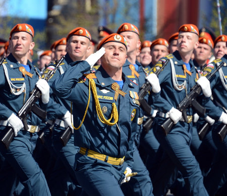 Students of the Academy of Civil Defense EMERCOM of Russia for the dress rehearsal of parade on red square in honor of Victory Day.のeditorial素材