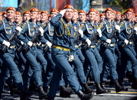 Students of the Academy of Civil Defense EMERCOM of Russia for the dress rehearsal of parade on red...