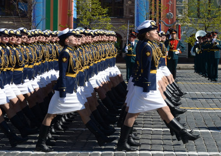 Girls-cadets of the Military Academy of Communications named. Budyonny Military-space Academy. Mozhaysky on the General parade rehearsal in Red square.のeditorial素材