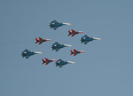 Aerobatic team Swifts and Russian knights aircraft su-30cm and MiG-29 during the rehearsal of the...