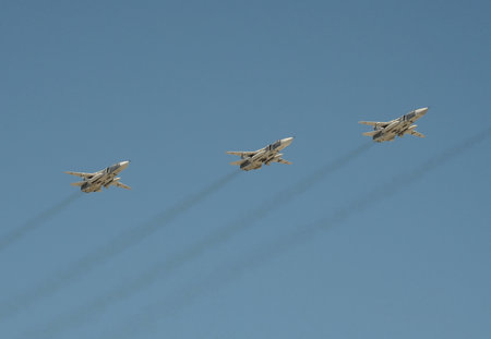Upgraded front-line bomber with variable sweep wing SU-24M on the rehearsal of the Victory parade.