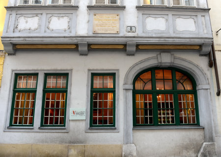 The house-museum of composer Mozart on the street Domgasse of Vienna.のeditorial素材