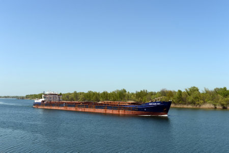 Dry-cargo ship "Volga-Don 5017" on the Don River near the village of Romanovskaya, Rostov Region.のeditorial素材