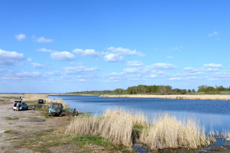 Fishermen on the Big Ostrovoye lake in the Mamontovsky district of the Altai Territory.のeditorial素材