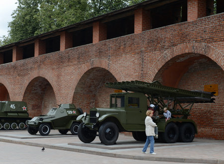 The armored car BA-64 and BM-13 (Katyusha) is a Soviet machine gun of rocket artillery. Exhibition of militaryのeditorial素材