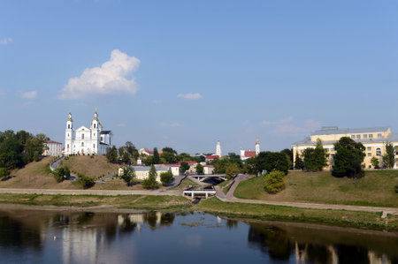 Beautiful view of the historical center of Vitebsk over the Western Dvina. Holy Dormition Cathedral, Holy Spirit Monastery, Resurrection Church, Town Hall.のeditorial素材