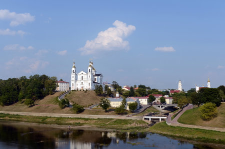 Beautiful view of the historical center of Vitebsk over the Western Dvina. Holy Dormition Cathedral, Holy Spirit Monastery, Resurrection Church, Town Hall.のeditorial素材