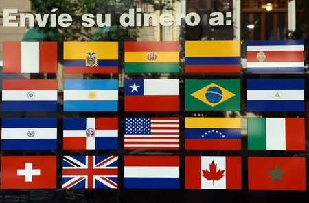 State flags on the door of the bank.のeditorial素材