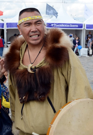 Head of the ethnic ensemble "Nomad" Yevgeny Kaipanau.のeditorial素材