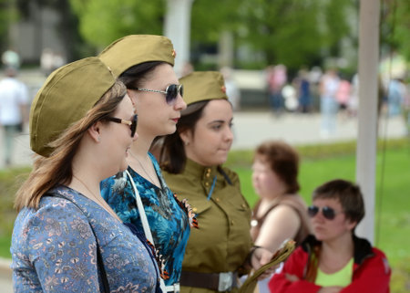 People are resting on Victory Day at VDNKh (All-Russian Exhibition Center).のeditorial素材
