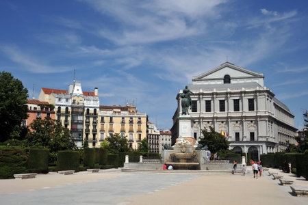 Horse sculpture of King Philip IV in the Plaza de Oriente is located between the Royal Palace and the Royal Theater in Madrid.のeditorial素材