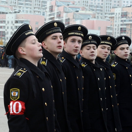 Pupils of the Navigational School are preparing for the parade on November 7 in Red Square.のeditorial素材