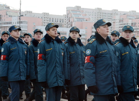 Pupils of the Cadet Corps of the Ministry of Emergency Situations are preparing for the parade on November 7 in Red Square.のeditorial素材
