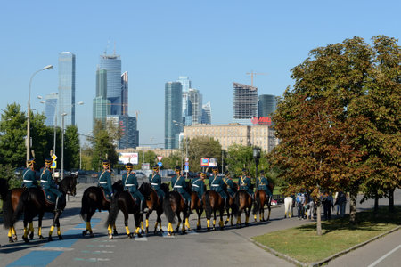 Cavalry honorary escort of the Presidential Regiment on the Poklonnaya Hill of Moscow.のeditorial素材