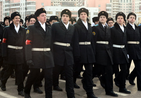 Cadets of the Moscow Cadet Corps of Heroes of Space are preparing for the parade on November 7 on Red Square.のeditorial素材