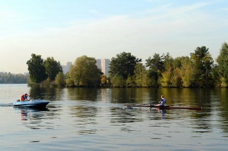 Training of oarsmen on the Moscow River in the Serebryany Bor. Moscow