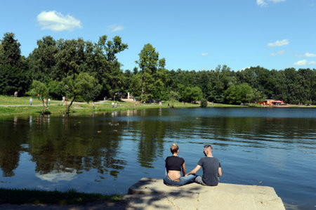 People are resting in the natural-historical park "Kuzminki-Lublino".のeditorial素材