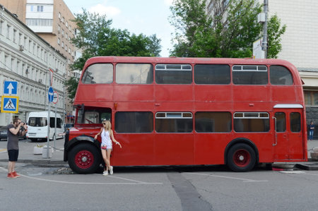 Red passenger double-decker bus Bristol Lodekka on the street in Moscow.のeditorial素材