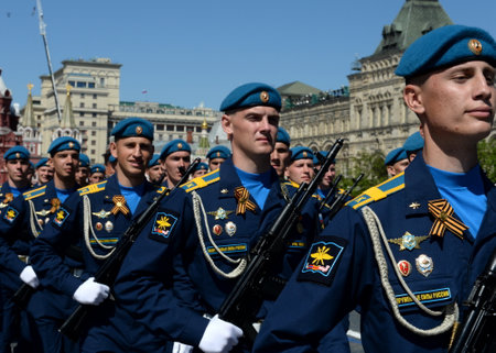 Cadets of the Air Force Academy during the parade on Red Square in honor of Victory Day.のeditorial素材