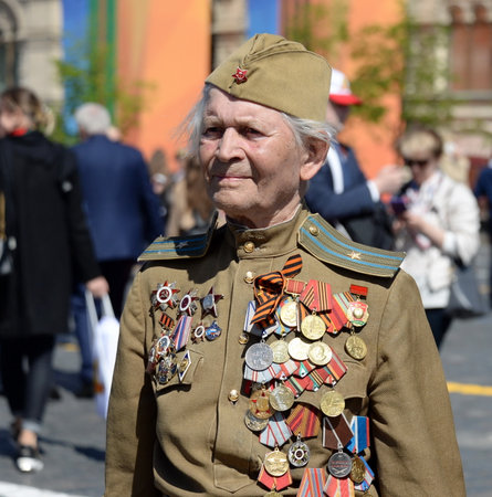 Veteran of the Great Patriotic War Yevgeny Shalashnikov on Red Square during the celebration of the...