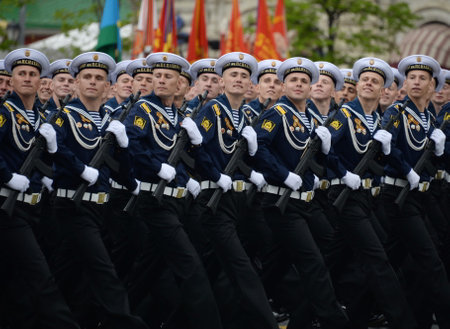 Cadets of the Black Sea Higher Naval School named after Nakhimov during the dress rehearsal for the parade on Red Square.のeditorial素材