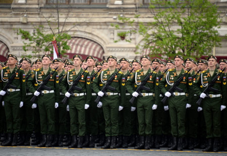 Cadets of the military academy of air defense at the rehearsal of the parade in honor of the Victory day.のeditorial素材