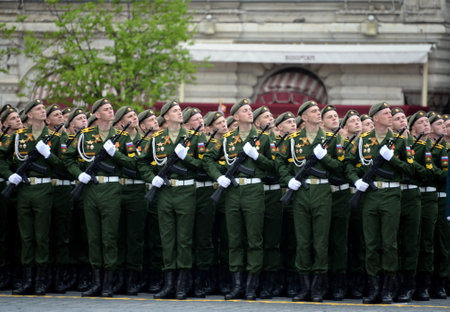 Cadets of the military academy of air defense at the rehearsal of the parade in honor of the Victory...