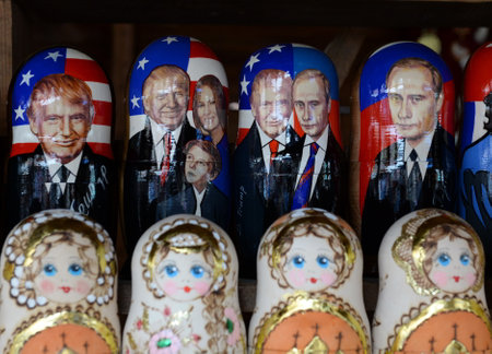 Nested dolls depicting Russian President Vladimir Putin and US President Donald Trump on the souvenir counter in Moscowのeditorial素材