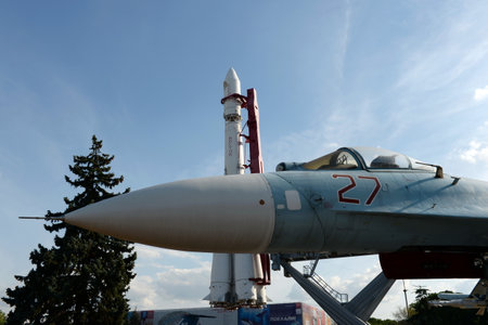 The Su-27 fighter and the Vostok space rocket at the All-Russian Exhibition Center in Moscow