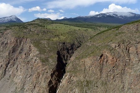 View from the Kathu - Yaryk pass to the waterfall. Altai Republic. Siberiaのeditorial素材
