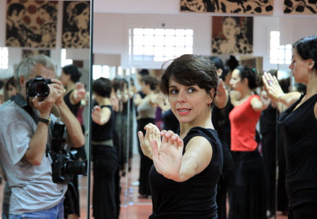 Teacher of flamenco dancer Leonor Leal conducts classes in the dance studioのeditorial素材