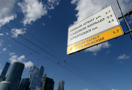 Road sign on Kutuzovsky Avenue of Moscowのeditorial素材